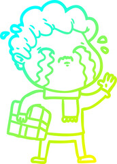 cold gradient line drawing of a cartoon man crying