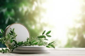 Marketing Brilliance: Cosmetic Products Display on Podium Amidst Lush Greenery. Generative Ai

