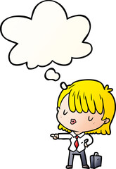 cartoon efficient businesswoman with thought bubble in smooth gradient style
