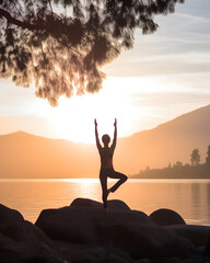 the serenity and balance of a peaceful yoga practice in a natural setting, highlighting the connection between mind, body, and nature. Generate IA