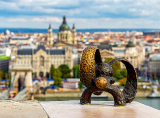 Sculpture of miniature bunny observing Budapest with binoculars, Hungary