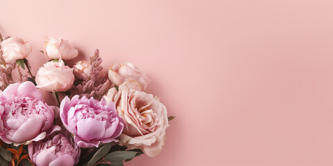 Obraz na płótnie Canvas Rosa Blumen dekoriert mit rosa Untergrund zum Muttertag und Valentin mit Platzhalter, ai genrativ