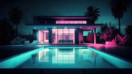 Luxury house with swimming pool illuminated at night. Generative Ai