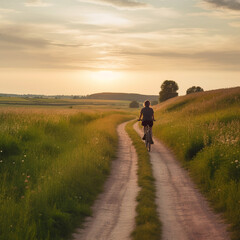 a person enjoying a scenic bike ride, sunset, outdoors, AI generative