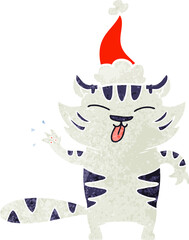 hand drawn retro cartoon of a white tiger wearing santa hat