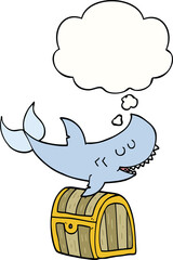cartoon shark swimming over treasure chest with thought bubble