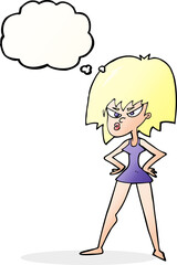 cartoon angry woman in dress with thought bubble