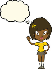cartoon pretty girl waving with thought bubble