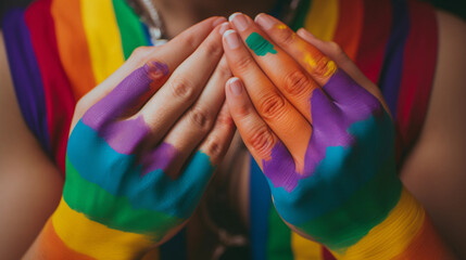 Fototapeta premium LGBT pride, hands of the child with rainbow