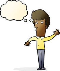 Obraz premium cartoon nervous man waving with thought bubble