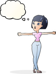 freehand drawn thought bubble cartoon woman spreading arms