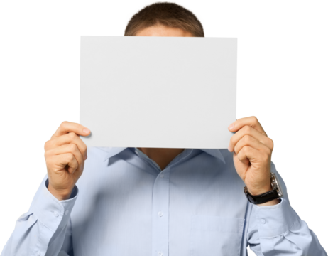 young man holding an empty banner over his face