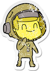 distressed sticker of a happy cartoon astronaut