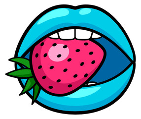 Sexy femal lips with strawberry. Pop art sticker