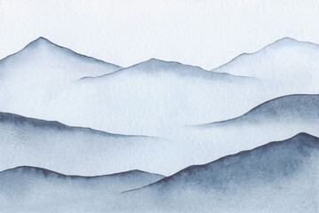 Obraz premium Abstract, watercolor background with a panoramic view of the winter, cold mountains, in blue, indigo and gray shades. Drawn by hand. For decoration and design with place for text.