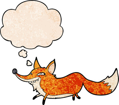 cartoon sly fox with thought bubble in grunge texture style
