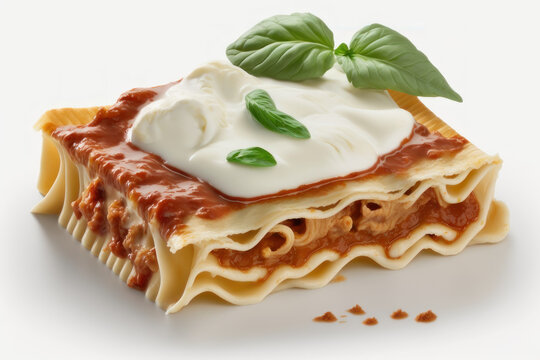 Lasagna on a white background. AI generative.