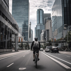 A person riding a bike through a urban city scape, skyscrapers, road,traffic, AI generative