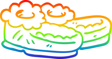 rainbow gradient line drawing of a cartoon comfy slippers