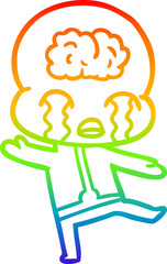 rainbow gradient line drawing of a cartoon big brain alien crying