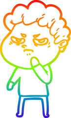 rainbow gradient line drawing of a cartoon angry man