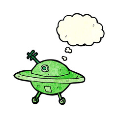 cartoon flying saucer with thought bubble