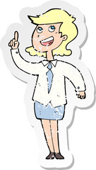 retro distressed sticker of a cartoon businesswoman with idea