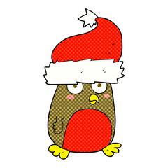 freehand drawn cartoon christmas robin wearing christmas hat