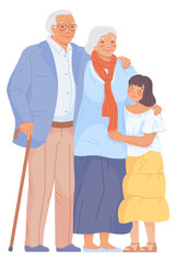 Fototapeta premium Grandparents with little girl. Happy seniors with granddaughter together