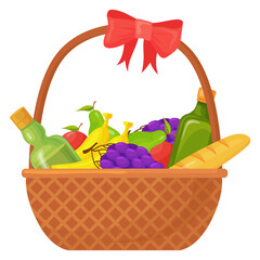 Gift basket with wine and fruits. Cartoon wicker icon