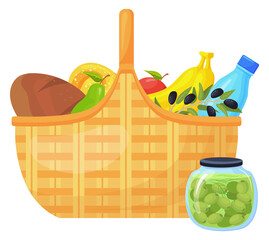 Lunch basket cartoon icon. Woven hamper with food