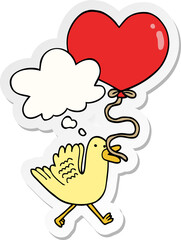 cartoon bird with heart balloon with thought bubble as a printed sticker