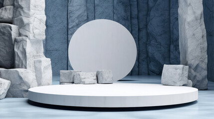 Modern pedestal mockup Design: White stones Marble round Podium on Blue Background. Generative AI