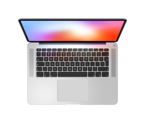 Open laptop top view with colorful screen, isolated on transparent background. 3D render