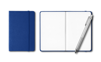Marine blue closed and open notebooks with a pen isolated on transparent background