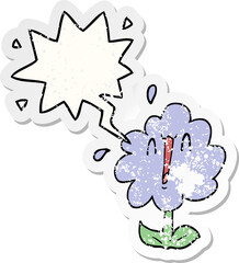 cartoon flower with speech bubble distressed distressed old sticker