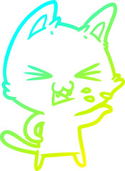 cold gradient line drawing of a cartoon cat hissing