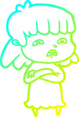 cold gradient line drawing of a cartoon worried woman