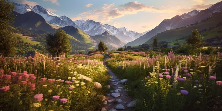 AI Generated. AI Generative. Beautiful flowers foliage mountain foliage path landscape adventure. Graphic Art