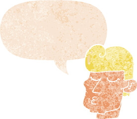 cartoon handsome man with speech bubble in grunge distressed retro textured style