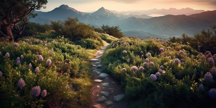 AI Generated. AI Generative. Beautiful flowers foliage mountain foliage path landscape adventure. Graphic Art