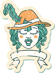 Retro Tattoo Style singing half orc bard character with banner