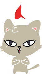 hand drawn flat color illustration of a cat wearing santa hat