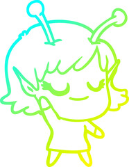 cold gradient line drawing of a smiling alien girl cartoon