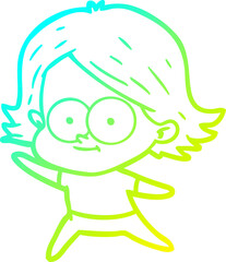 cold gradient line drawing of a happy cartoon girl