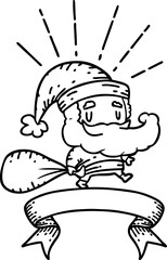 scroll banner with black line work tattoo style santa claus christmas character with sack