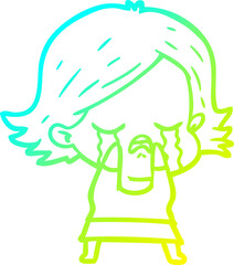 cold gradient line drawing of a cartoon girl crying