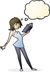 cartoon woman reading book with thought bubble