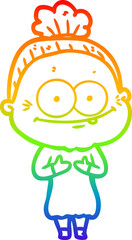 rainbow gradient line drawing of a cartoon happy old woman