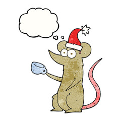 freehand drawn thought bubble textured cartoon mouse wearing christmas hat